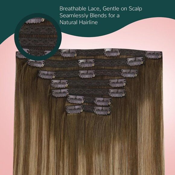 Clip in Human Hair Extensions Balayage 14 Inch Dark Brown to Blonde